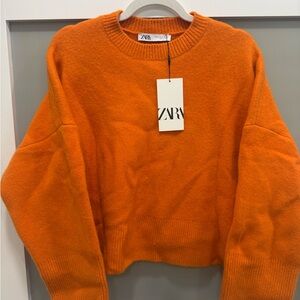 Zara Women's Bright Orange Crew Neck Sweater